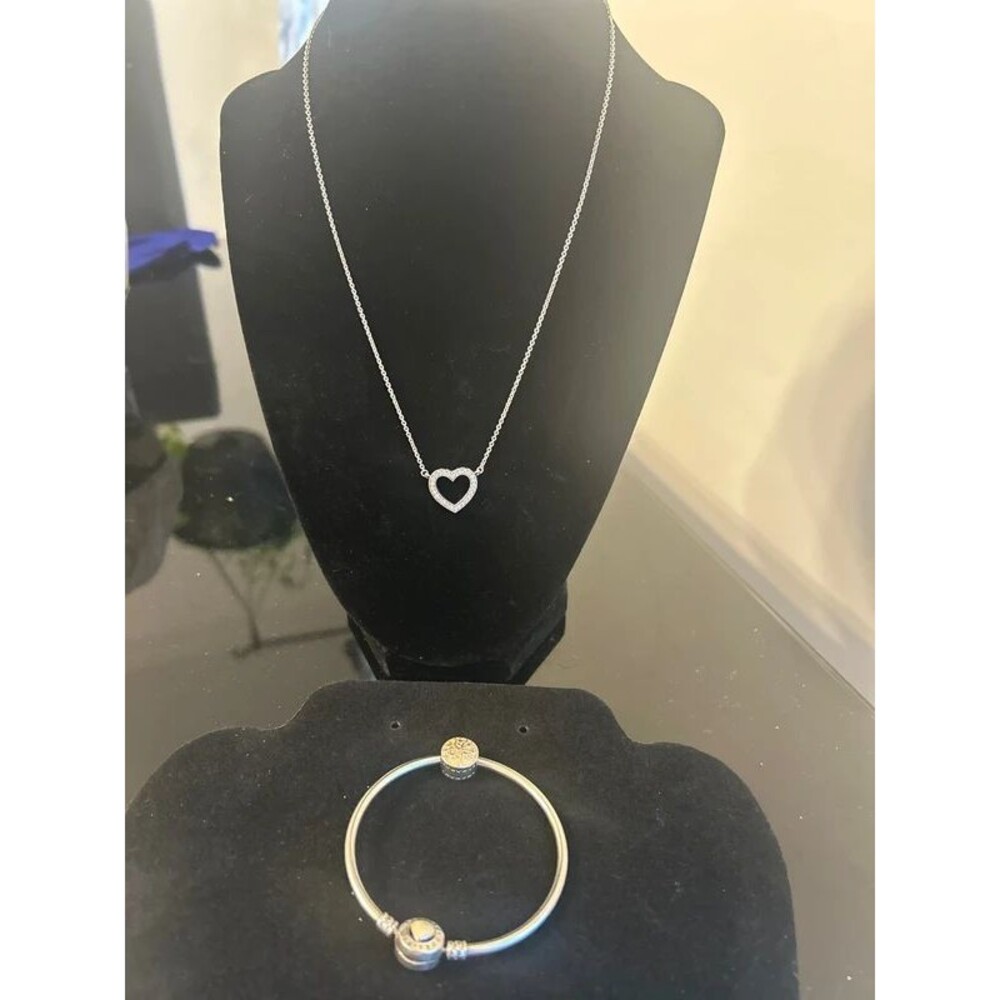 Pandora Moments 6.25” Sterling Silver Bracelet with Heart Necklace